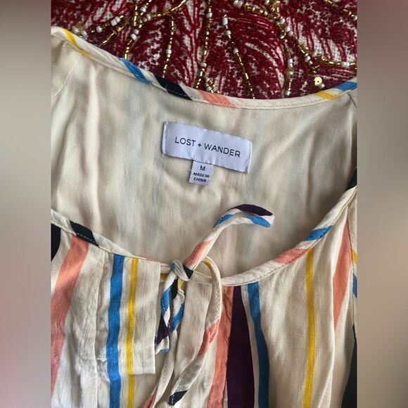 LOST + WANDER Mini Dress Cory Rainbow Cream Sz Medium  Striped Lined Boho - Picture 14 of 15